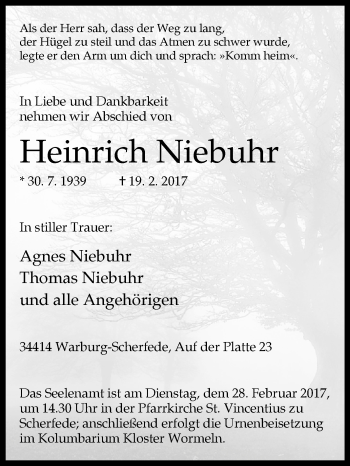 Traueranzeige von Heinrich Niebuhr von Westfalen-Blatt