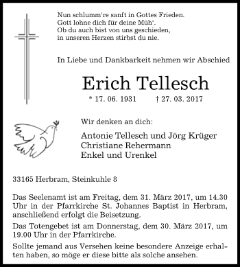 Traueranzeige von Erich Tellesch von Westfalen-Blatt