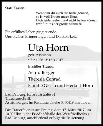 Traueranzeige von Uta Horn von Westfalen-Blatt