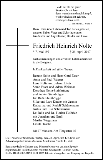 Traueranzeige von Friedrich Heinrich Nolte von Westfalen-Blatt