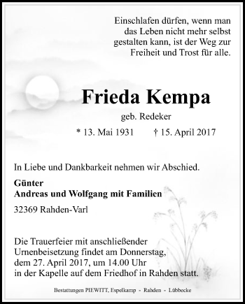 Traueranzeige von Frieda Kempa von Westfalen-Blatt