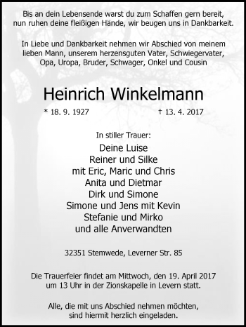 Traueranzeige von Heinrich Winkelmann von Westfalen-Blatt