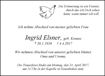 Traueranzeige von Ingrid Elsner von Westfalen-Blatt