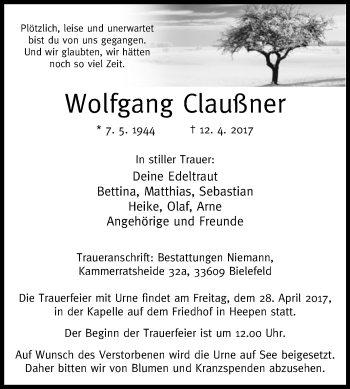 Traueranzeige von Wolfgang Claußner von Westfalen-Blatt