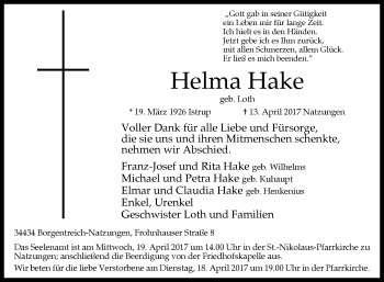 Traueranzeige von Helma Hake von Westfalen-Blatt