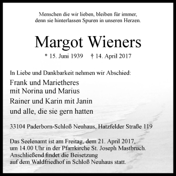 Traueranzeige von Margot Wieners von Westfalen-Blatt