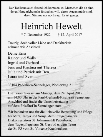 Traueranzeige von Heinrich Hewelt von Westfalen-Blatt