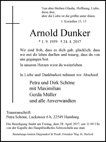 Traueranzeige von Arnold Dunker von Westfalen-Blatt