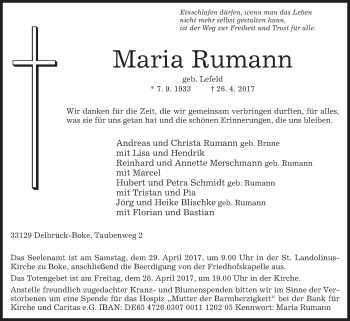 Traueranzeige von Maria Rumann von Westfalen-Blatt