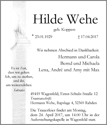 Traueranzeige von Hilde Wehe von Westfalen-Blatt