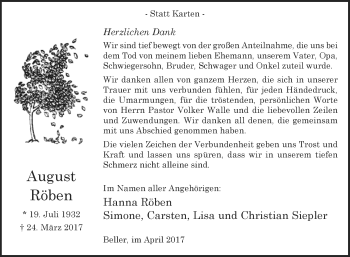 Traueranzeige von August Röben von Westfalen-Blatt