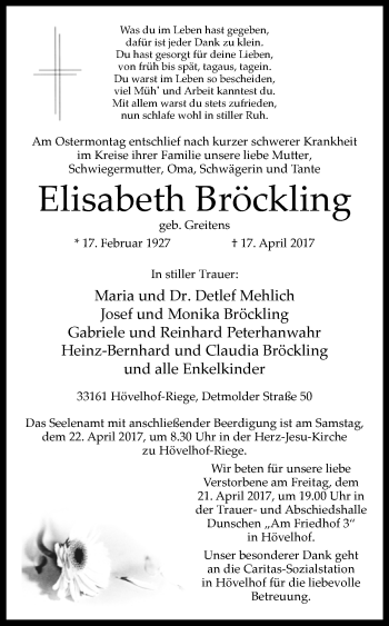 Traueranzeige von Elisabeth Bröckling von Westfalen-Blatt