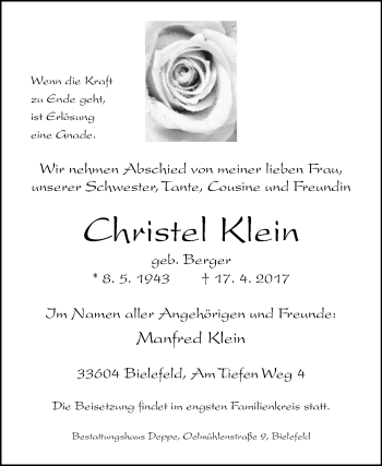 Traueranzeige von Christel Klein von Westfalen-Blatt