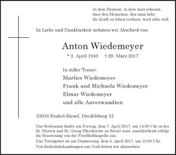 Traueranzeige von Anton Wiedemeyer von Westfalen-Blatt