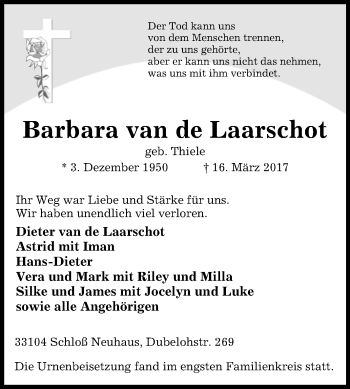 Traueranzeige von Barbara van de Laarschot von Westfalen-Blatt