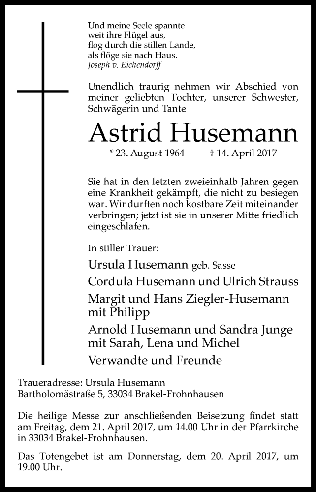  Traueranzeige für Astrid Husemann vom 18.04.2017 aus Westfalen-Blatt