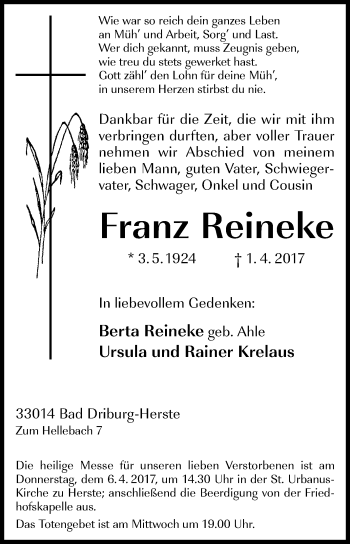 Traueranzeige von Franz Reineke von Westfalen-Blatt