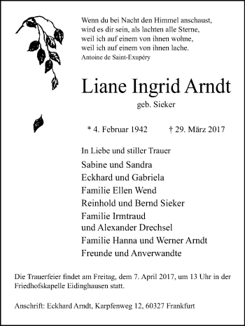 Traueranzeige von Liane Ingrid Arndt von Westfalen-Blatt