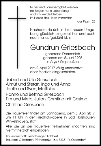 Traueranzeige von Gundrun Griesbach von Westfalen-Blatt