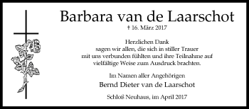 Traueranzeige von Barbara van de Laarschot von Westfalen-Blatt