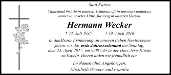 Traueranzeige von Hermann Wecker von Westfalen-Blatt