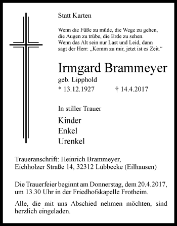 Traueranzeige von Irmgard Brammeyer von Westfalen-Blatt