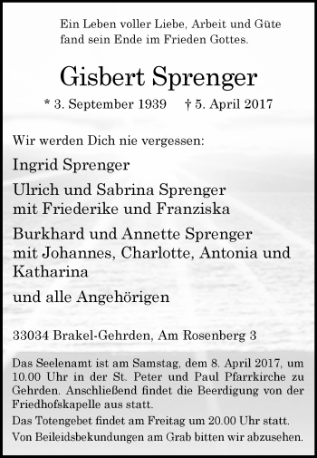 Traueranzeige von Gisbert Sprenger von Westfalen-Blatt