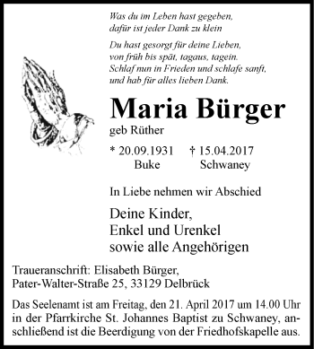 Traueranzeige von Maria Bürger von Westfalen-Blatt