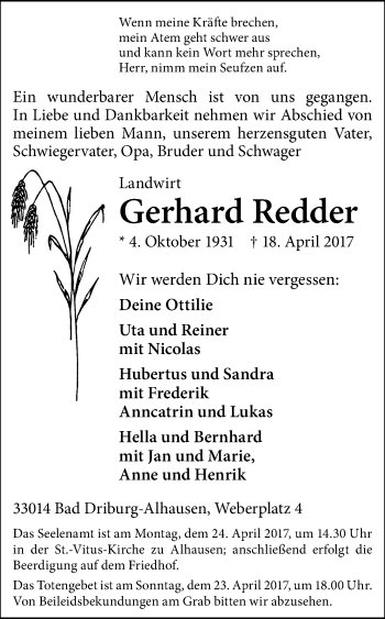 Traueranzeige von Gerhard Redder von Westfalen-Blatt