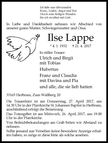 Traueranzeige von Ilse Lappe von Westfalen-Blatt