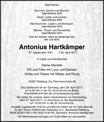 Traueranzeige von Antonius Hartkämper von Westfalen-Blatt