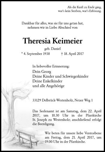 Traueranzeige von Theresia Keimeier von Westfalen-Blatt