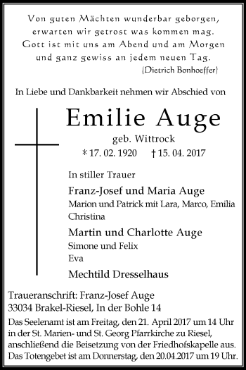 Traueranzeige von Emilie Auge von Westfalen-Blatt