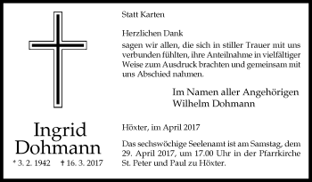 Traueranzeige von Ingrid Dohmann von Westfalen-Blatt