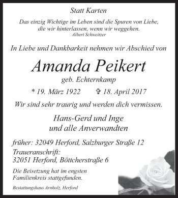 Traueranzeige von Amanda Peikert von Westfalen-Blatt