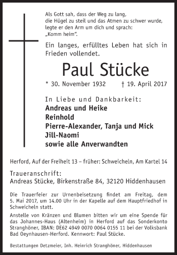 Traueranzeige von Paul Stücke von Westfalen-Blatt