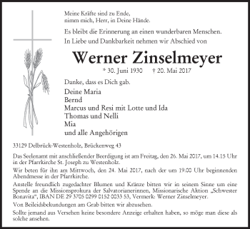 Traueranzeige von Werner Zinselmeyer von Westfalen-Blatt