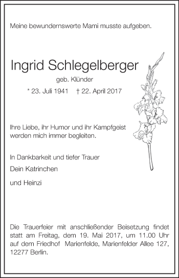 Traueranzeige von Ingrid Schlegelberger von Westfalen-Blatt