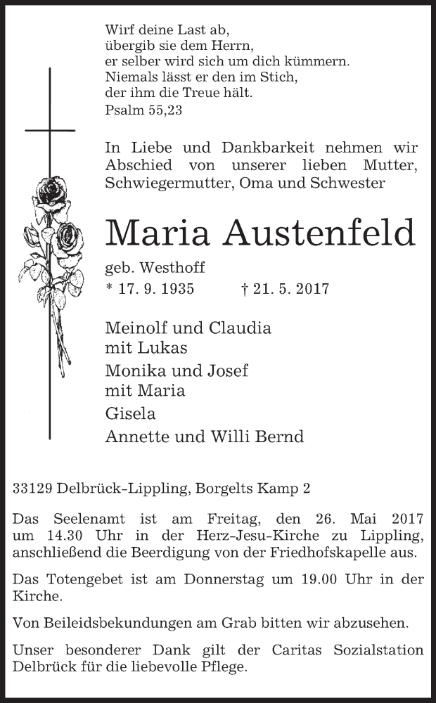  Traueranzeige für Maria Austenfeld vom 23.05.2017 aus Westfalen-Blatt