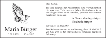 Traueranzeige von Maria Bürger von Westfalen-Blatt