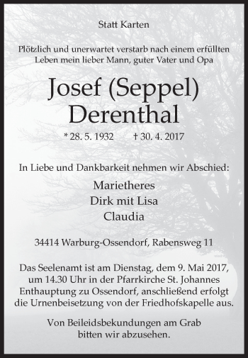 Traueranzeige von Josef  Derenthal von Westfalen-Blatt