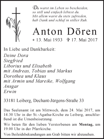 Traueranzeige von Anton Dören von Westfalen-Blatt