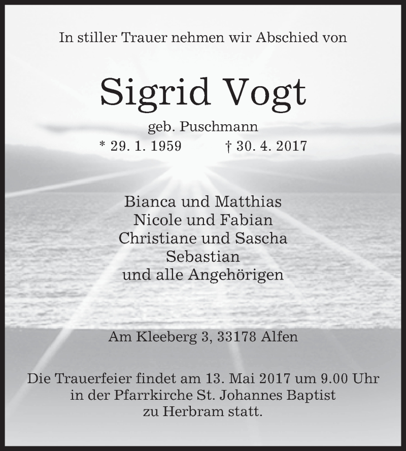  Traueranzeige für Sigrid Vogt vom 04.05.2017 aus Westfalen-Blatt