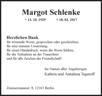 Traueranzeige von Margot Schlenke von Westfalen-Blatt