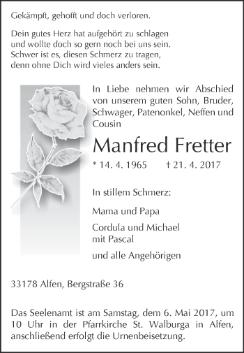 Traueranzeige von Manfred Fretter von Westfalen-Blatt