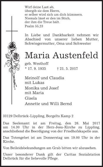 Traueranzeige von Maria Austenfeld von Westfalen-Blatt