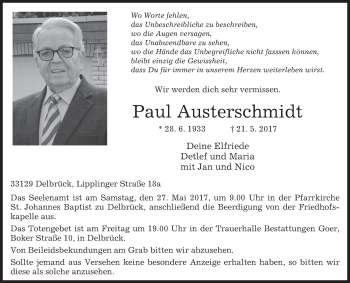 Traueranzeige von Paul Austerschmidt von Westfalen-Blatt