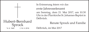 Traueranzeige von Hubert-Bernhard Sprock von Westfalen-Blatt