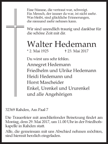 Traueranzeige von Walter Hedemann von Westfalen-Blatt