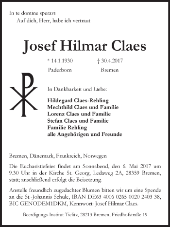 Traueranzeige von Josef Hilmar Claes von Westfalen-Blatt